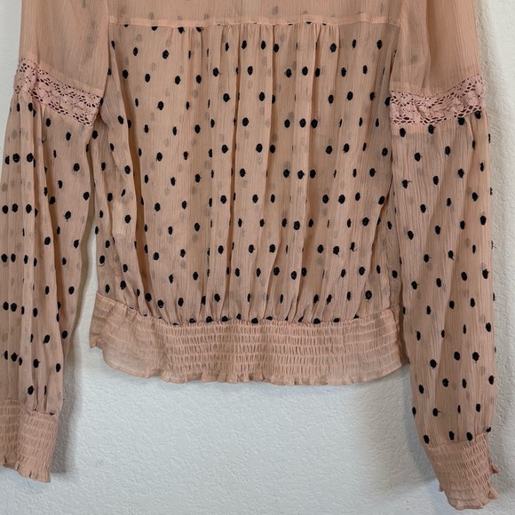 Free People Sheer Pink Black Polka Dot Long Sleeve V-Neck Tie Front Blouse Top - Picture 7 of 10